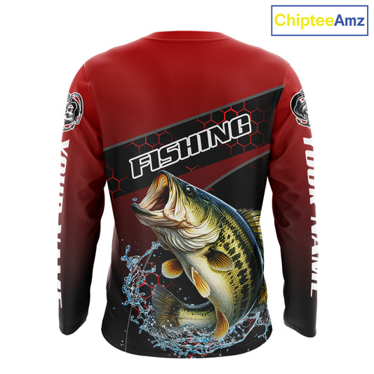 Largemouth Bass Hooded Fishing Shirts Red Camo Custom Name, Bass Fishing Shirts NBT463