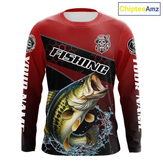 Largemouth Bass Hooded Fishing Shirts Red Camo Custom Name, Bass Fishing Shirts NBT463