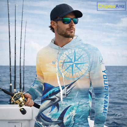 Blue Marlin Fishing Sunset Custom Fishing Long Sleeve Hooded Shirt, Marlin Compass Offshore Fishing Apparel NBT584