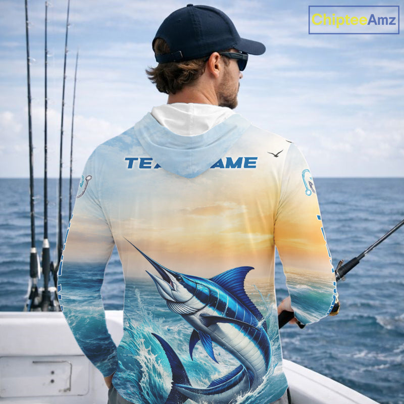 Blue Marlin Fishing Sunset Custom Fishing Long Sleeve Hooded Shirt, Marlin Compass Offshore Fishing Apparel NBT584