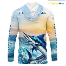 Load image into Gallery viewer, Blue Marlin Fishing Sunset Custom Fishing Long Sleeve Hooded Shirt, Marlin Compass Offshore Fishing Apparel NBT584