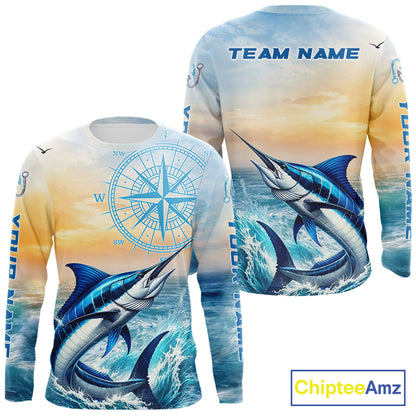Blue Marlin Fishing Sunset Custom Fishing Long Sleeve Shirt, Marlin Compass Offshore Fishing Apparel NBT584
