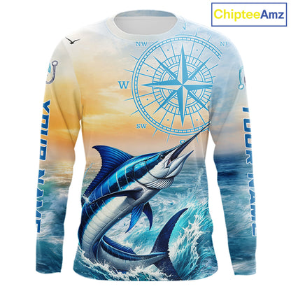 Blue Marlin Fishing Sunset Custom Fishing Long Sleeve Shirt, Marlin Compass Offshore Fishing Apparel NBT584