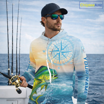 Mahi Mahi Fishing Sunset Custom Fishing Long Sleeve Hooded Shirt, Mahi Mahi Compass Offshore Fishing Apparel NBT585