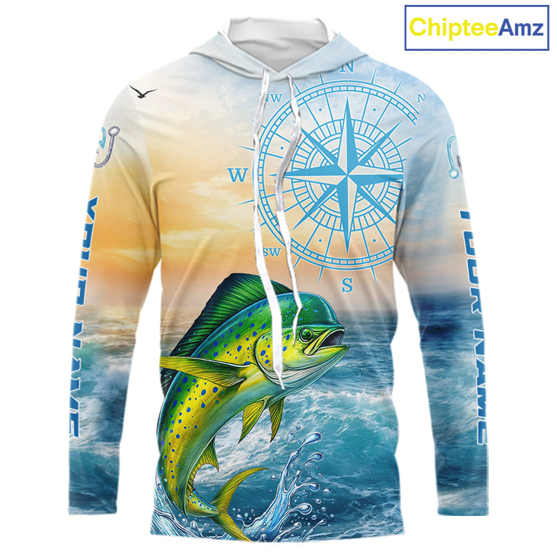 Mahi Mahi Fishing Sunset Custom Fishing Long Sleeve Hooded Shirt, Mahi Mahi Compass Offshore Fishing Apparel NBT585