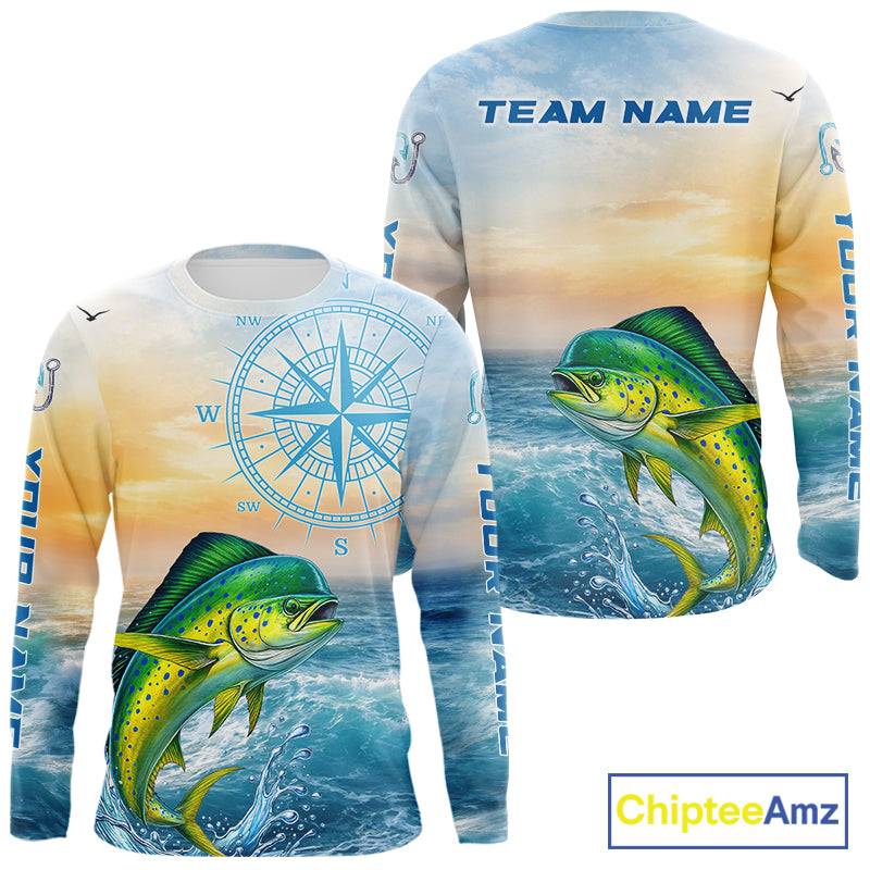Mahi Mahi Fishing Sunset Custom Fishing Long Sleeve Shirt, Mahi Mahi Compass Offshore Fishing Apparel NBT585