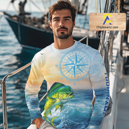 Mahi Mahi Fishing Sunset Custom Fishing Long Sleeve Shirt, Mahi Mahi Compass Offshore Fishing Apparel NBT585