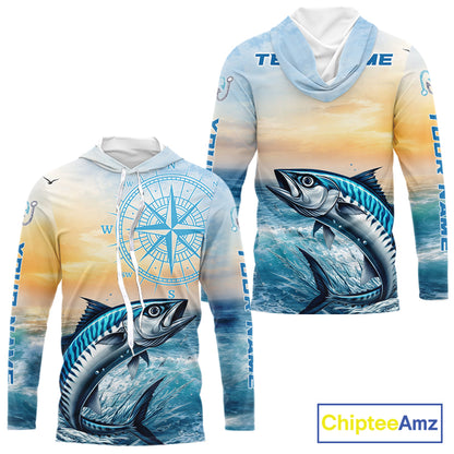 King Mackerel Fishing Sunset Custom Fishing Long Sleeve Hooded Shirt, Compass Offshore Fishing Apparel NBT586