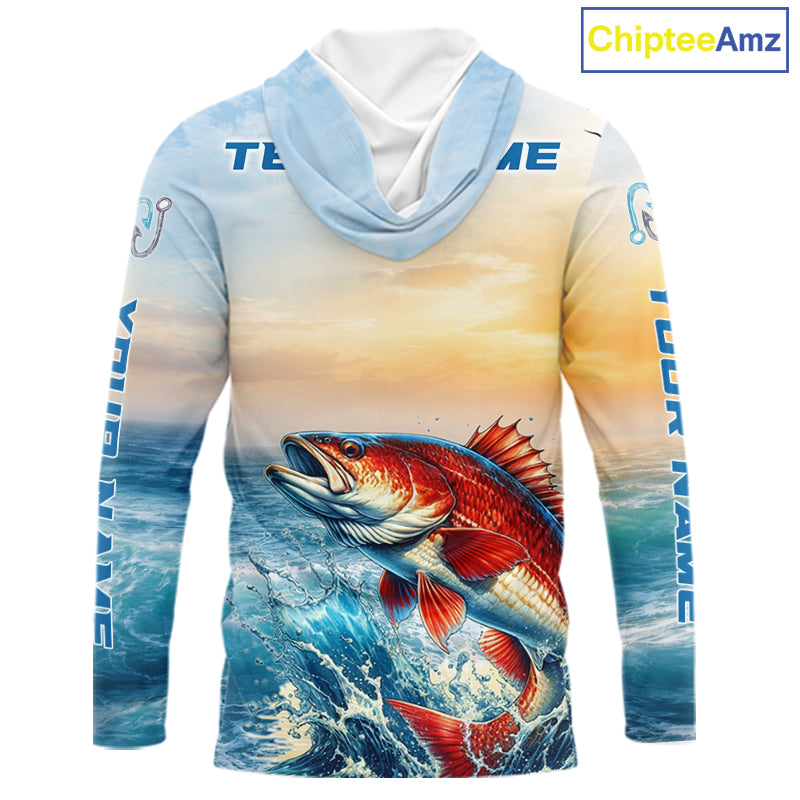 Redfish Fishing Sunset Custom Fishing Long Sleeve Hooded Shirt, Redfish Compass Offshore Fishing Apparel NBT587
