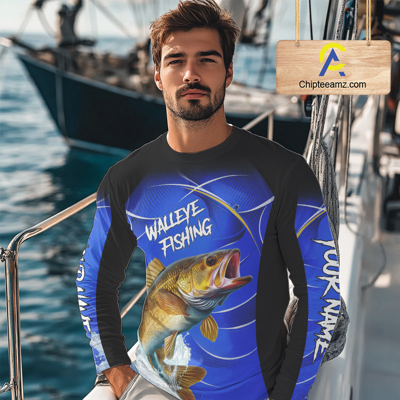 Personalized Walleye Long Sleeve Fishing Shirts UV Protection Tournament Jersey, Walleye Fishing Shirts NBT366