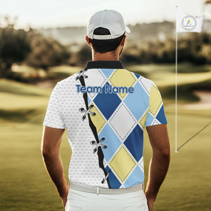 Mens golf polo shirt custom blue and yellow argyle plaid pattern - back view
