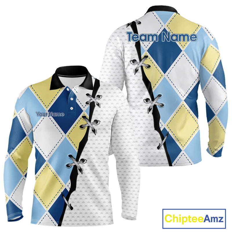 Mens long sleeve golf polo shirt custom blue and yellow argyle plaid pattern - front view