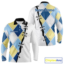 Load image into Gallery viewer, Mens long sleeve golf polo shirt custom blue and yellow argyle plaid pattern - front view