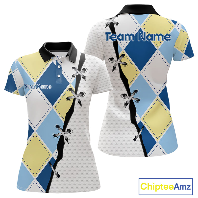 back view of custom name womens golf argyle polo shirt for golf lovers