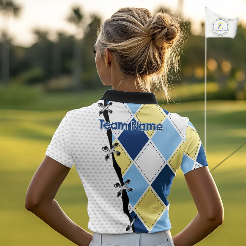 back view of custom name womens golf argyle polo shirt for golf lovers