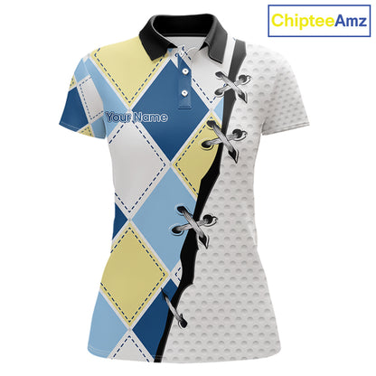 front view of blue and yellow golf argyle plaid pattern womens golf polo