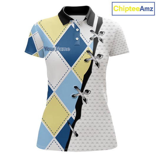 front view of blue and yellow golf argyle plaid pattern womens golf polo