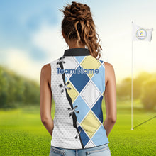 Load image into Gallery viewer, back view of custom name womens sleeveless golf argyle polo shirt for golf lovers