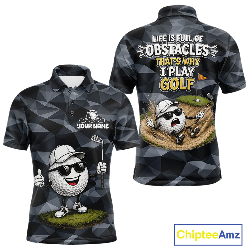 Front and back view of funny mens golf polo shirt with custom golf ball camo pattern, funny golf outfits and best golf gifts