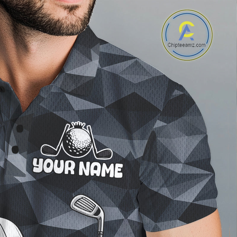 Close-up view of custom golf ball camo pattern on funny mens golf polo shirt, breathable performance golf fabric