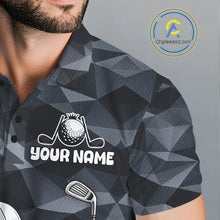 Load image into Gallery viewer, Close-up view of custom golf ball camo pattern on funny mens golf polo shirt, breathable performance golf fabric