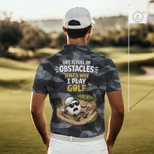 Load image into Gallery viewer, Model wearing funny mens golf polo shirt with custom golf ball camo pattern, unique mens golf outfit and funny golf gift idea