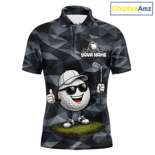 Front view of funny mens golf polo shirt with custom golf ball camo pattern, funny golf outfits and best golf gifts