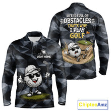 Load image into Gallery viewer, Front view of funny mens long sleeve golf polo shirt with custom golf ball camo pattern, funny golf outfits and best golf gifts