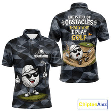 Load image into Gallery viewer, Front and back view of funny mens golf polo shirt with custom golf ball camo pattern, funny golf outfits and best golf gifts