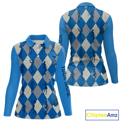 Blue Argyle Womens Golf Polo Shirts, Golf Shirts Custom Team Golf Polo For Ladies Team Golf Tops NBT489