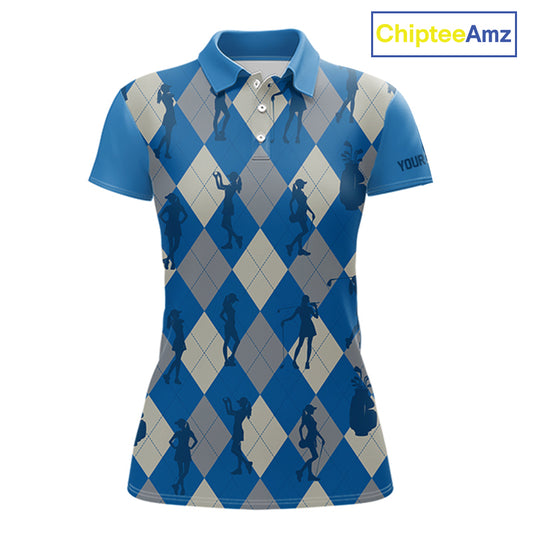 Blue Argyle Womens Golf Polo Shirts, Golf Shirts Custom Team Golf Polo For Ladies Team Golf Tops NBT489