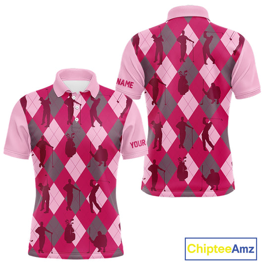 Pink Argyle Mens Golf Polo Shirts, Golf Shirts Custom Team Golf Polo For Men Team Golf Tops NBT490