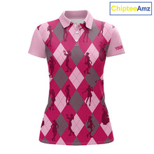 Load image into Gallery viewer, Pink Argyle Womens Golf Polo Shirts, Golf Shirts Custom Team Golf Polo For Ladies Team Golf Tops NBT490
