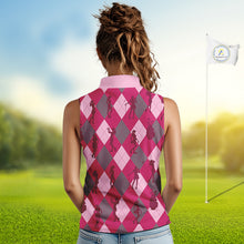Load image into Gallery viewer, Pink Argyle Womens Sleeveless Golf Polo Shirts, Golf Shirts Custom Team Golf Polo For Ladies Team Golf Tops NBT490