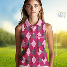 Load image into Gallery viewer, Pink Argyle Womens Sleeveless Golf Polo Shirts, Golf Shirts Custom Team Golf Polo For Ladies Team Golf Tops NBT490