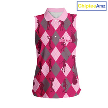 Load image into Gallery viewer, Pink Argyle Womens Sleeveless Golf Polo Shirts, Golf Shirts Custom Team Golf Polo For Ladies Team Golf Tops NBT490