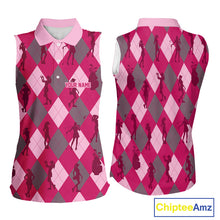 Load image into Gallery viewer, Pink Argyle Womens Sleeveless Golf Polo Shirts, Golf Shirts Custom Team Golf Polo For Ladies Team Golf Tops NBT490
