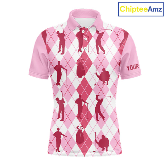 Light Pink Argyle Mens Golf Polo Shirts, Golf Shirts Custom Team Golf Polo For Men Team Golf Tops NBT491