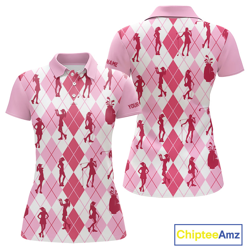 Light Pink Argyle Womens Golf Polo Shirts, Golf Shirts Custom Team Golf Polo For Ladies Team Golf Tops NBT491