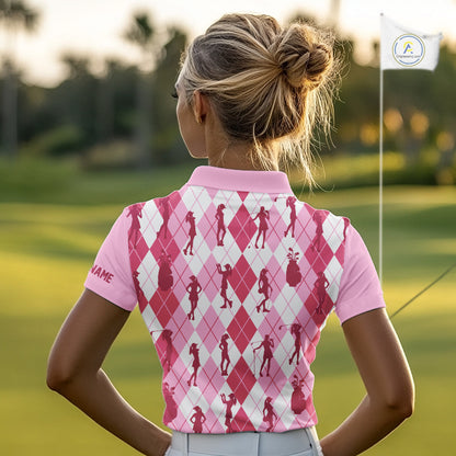 Light Pink Argyle Womens Golf Polo Shirts, Golf Shirts Custom Team Golf Polo For Ladies Team Golf Tops NBT491