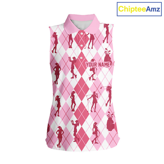 Light Pink Argyle Womens Sleeveless Golf Polo Shirts, Golf Shirts Custom Team Golf Polo For Ladies Team Golf Tops NBT491