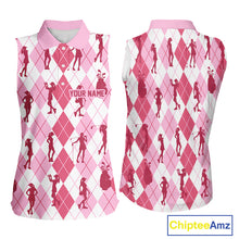 Load image into Gallery viewer, Light Pink Argyle Womens Sleeveless Golf Polo Shirts, Golf Shirts Custom Team Golf Polo For Ladies Team Golf Tops NBT491