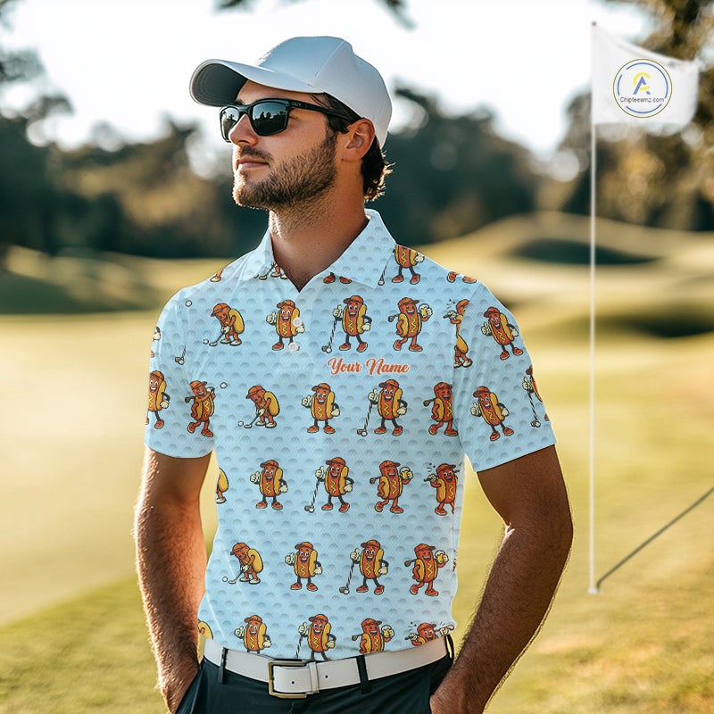 Funny Hotdog Mens Golf Polo Shirt, Custom Sausage Print Golf Polo, Golf Shirts For Team NBT492