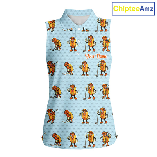 Funny Hotdog Womens Sleeveless Golf Polo Shirt, Custom Sausage Print Golf Polo, Golf Shirts For Team NBT492
