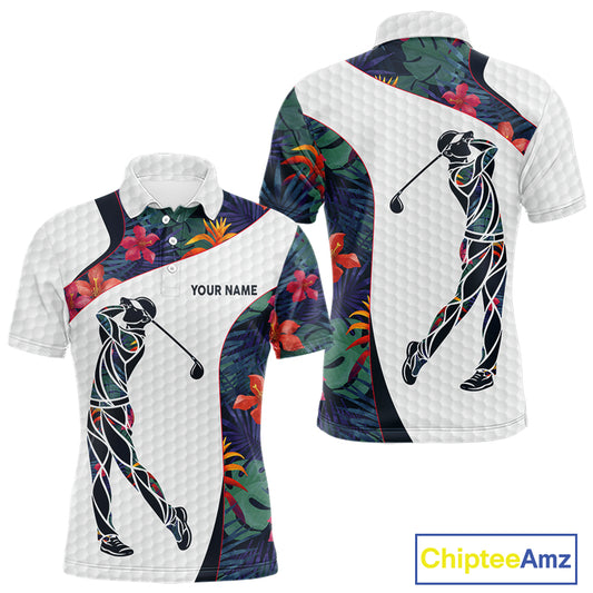 Custom Name Colorful Tropical Pattern Golf Men's Polo Shirt, White Golf Shirt, Team Golf Top NBT498