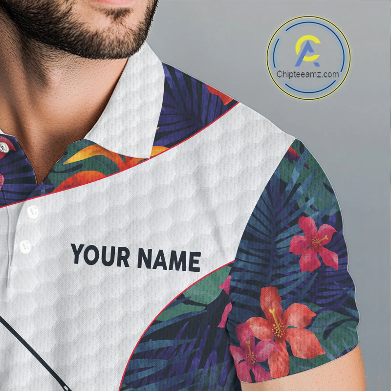 Custom Name Colorful Tropical Pattern Golf Men's Polo Shirt, White Golf Shirt, Team Golf Top NBT498