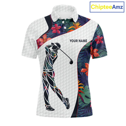 Custom Name Colorful Tropical Pattern Golf Men's Polo Shirt, White Golf Shirt, Team Golf Top NBT498