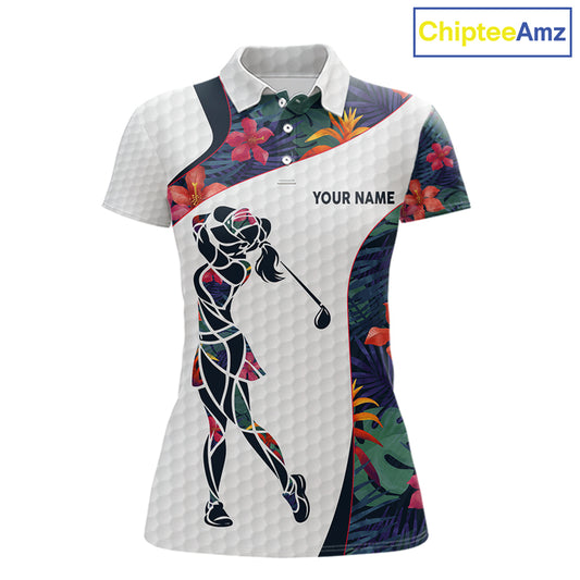Custom Name Colorful Tropical Pattern Golf Women's Polo Shirt, White Golf Shirt, Team Golf Top NBT498
