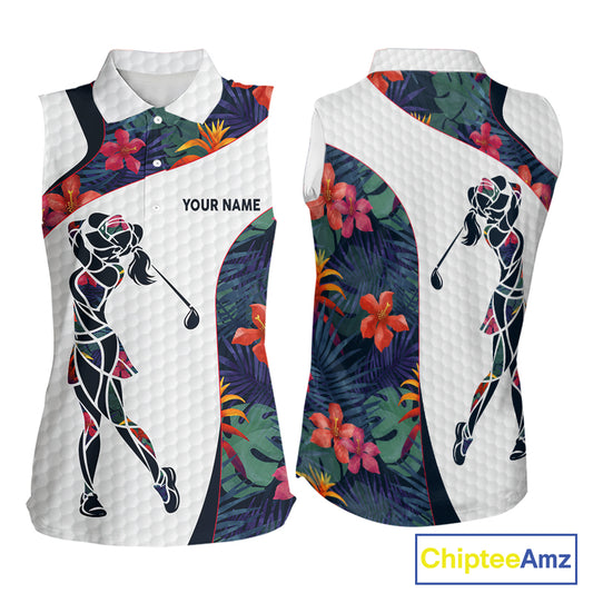 Custom Name Colorful Tropical Pattern Golf Women's Sleeveless Polo Shirt, White Golf Shirt, Team Golf Top NBT498
