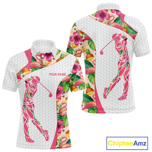 Colorful Tropical Pattern Mens Golf Polo Shirt Custom Name White Golf Shirt, Golf Gifts NBT499